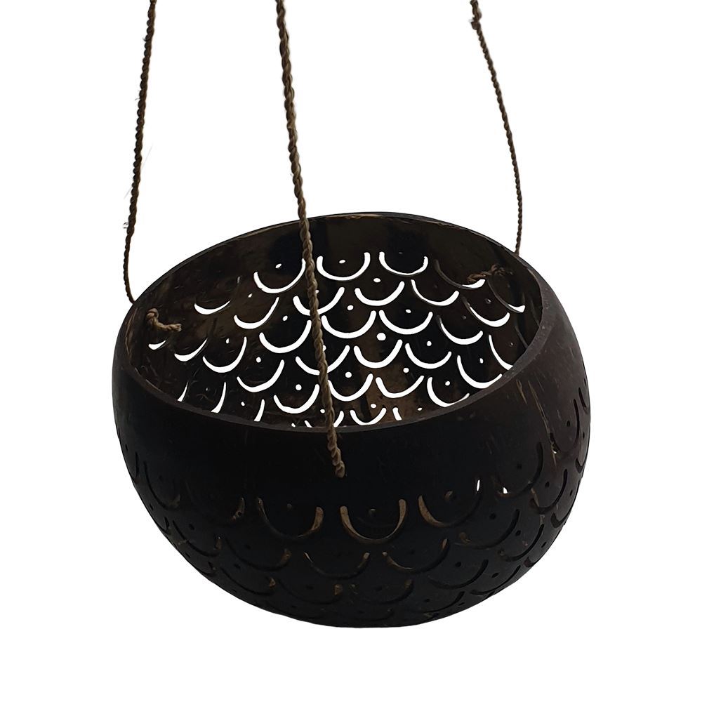 Carved Coconut Shell Pot Holder with Macrame Jute Rope, 13-15cm