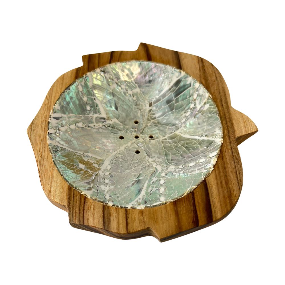Round Leaf Soap Dish, Teak Wood with Abalone Inlay, Approx. 12cm