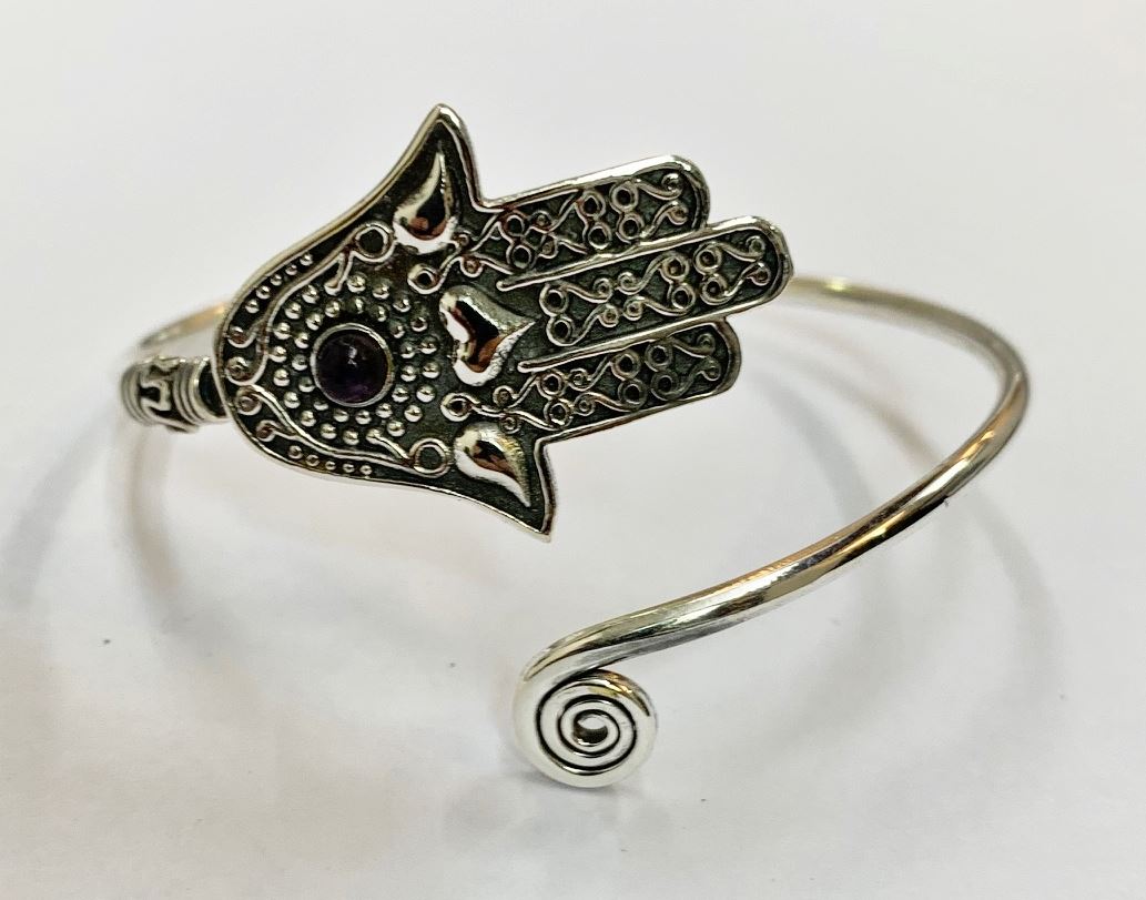 Silver-Plated Adjustable Hamsa Spiral Cuff Bangle