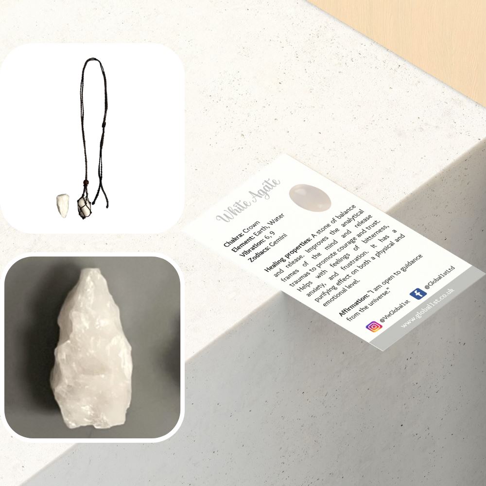 Macrame Necklace, White Agate Tumbled, with White Agate Rough Cut