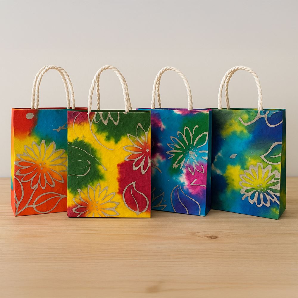 Mulberry Paper Gift Bag, Assorted Coloured Flower, 15x19x5.5cm, Pack of 10