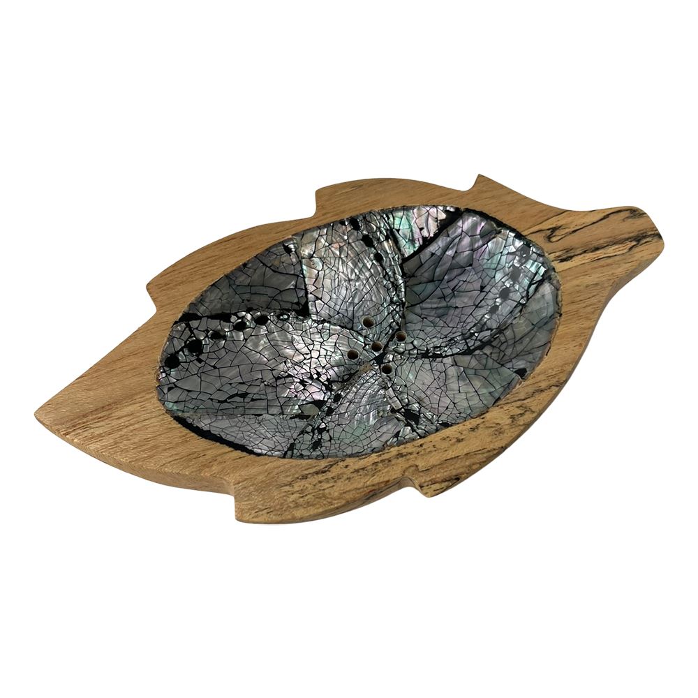 Oval Leaf Soap Dish, Teak Wood with Abalone Inlay, Approx. 18x6cm