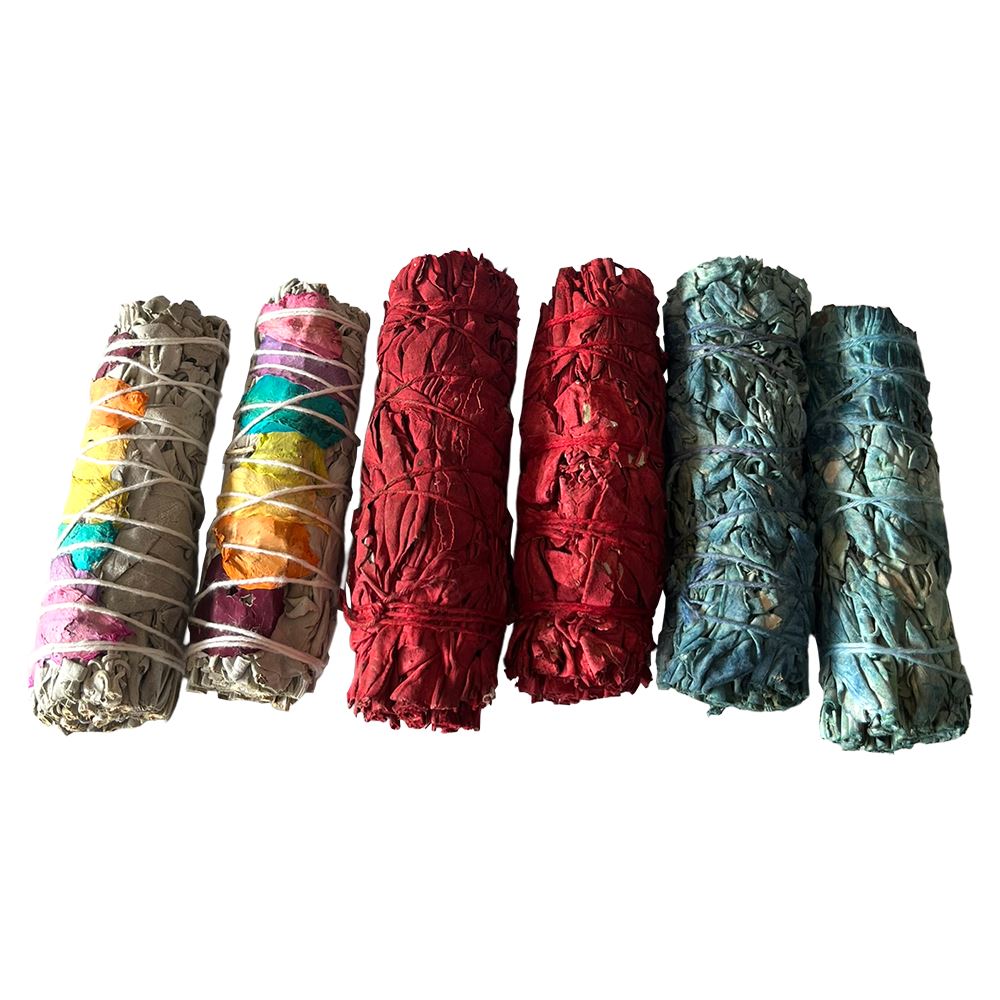 2x Chakra Petals White Sage 4" Smudge Sticks, 2x Dragon's Blood White Sage 4" Smudge Sticks, 2x Nag Champa White Sage 4" Smudge Sticks