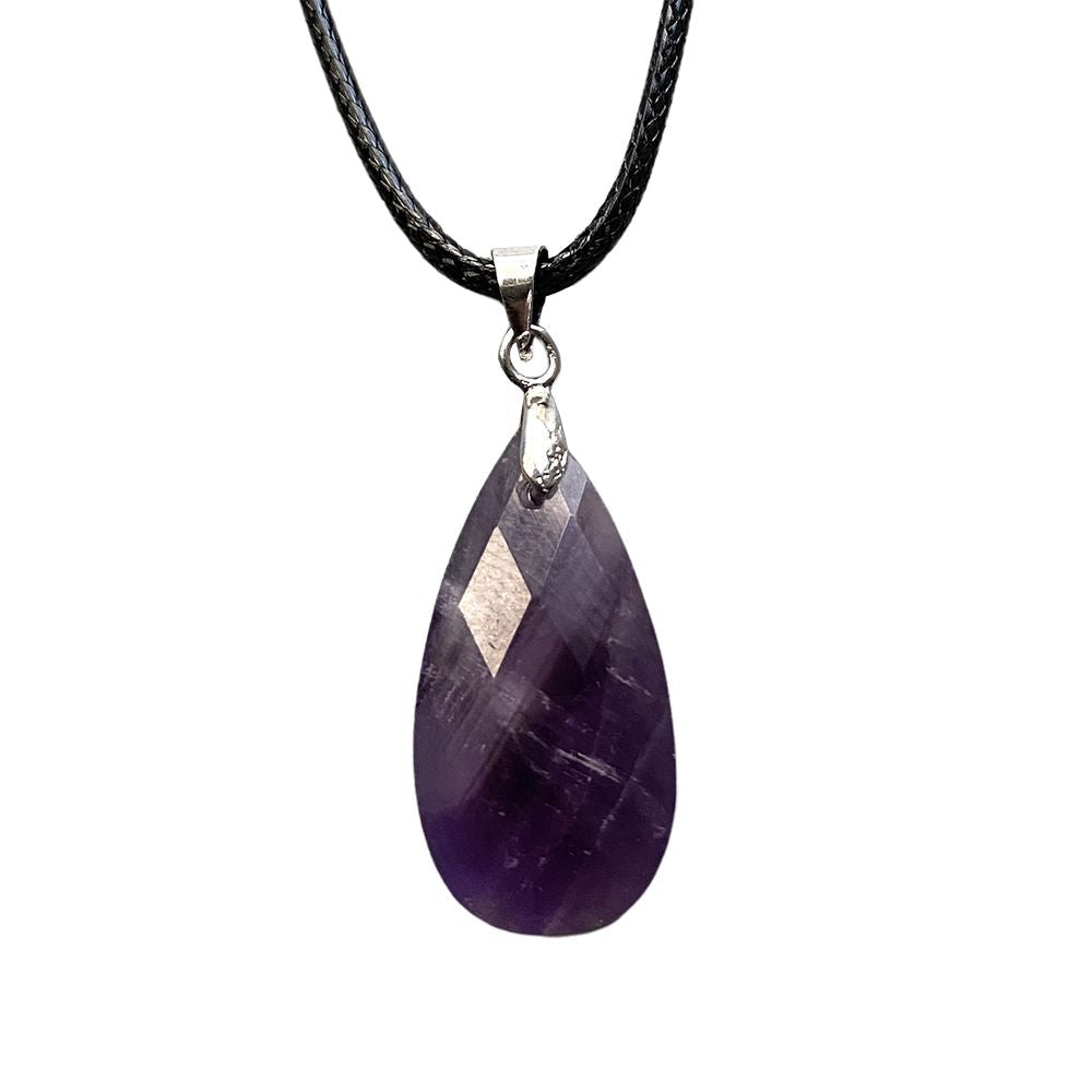 Teardrop Faceted Pendant with Black Cord, 2.5x1.5cm