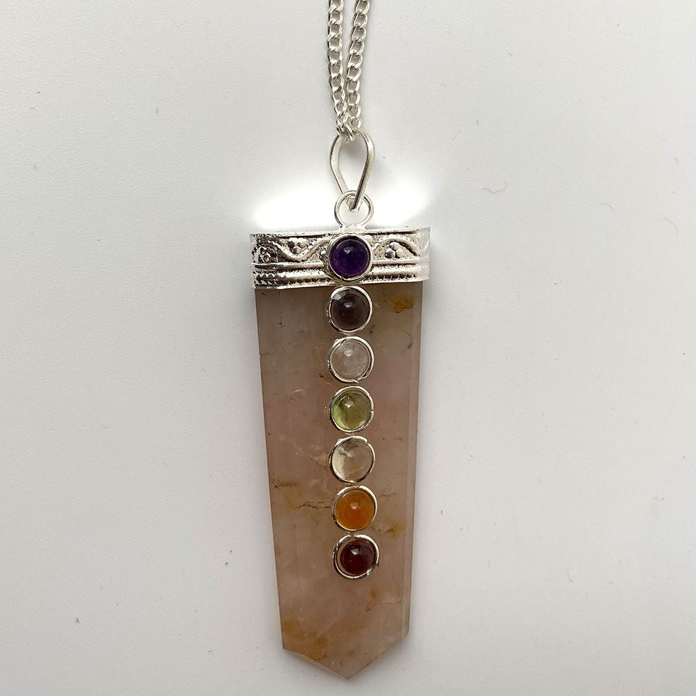 7 Chakra Flat Pendant, Silver Chain, 5x1.5cm