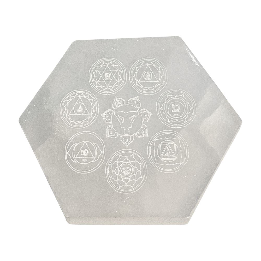 Selenite Charging Plate, Hexagonal, Etched, Design #02, 8cm