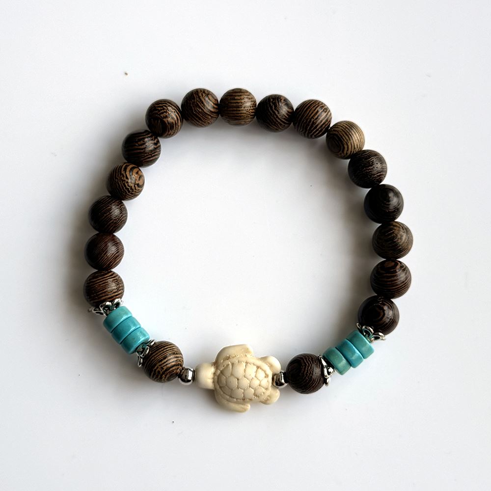 Wood Bracelet with Synthetic Turquoise, Sea Turtle