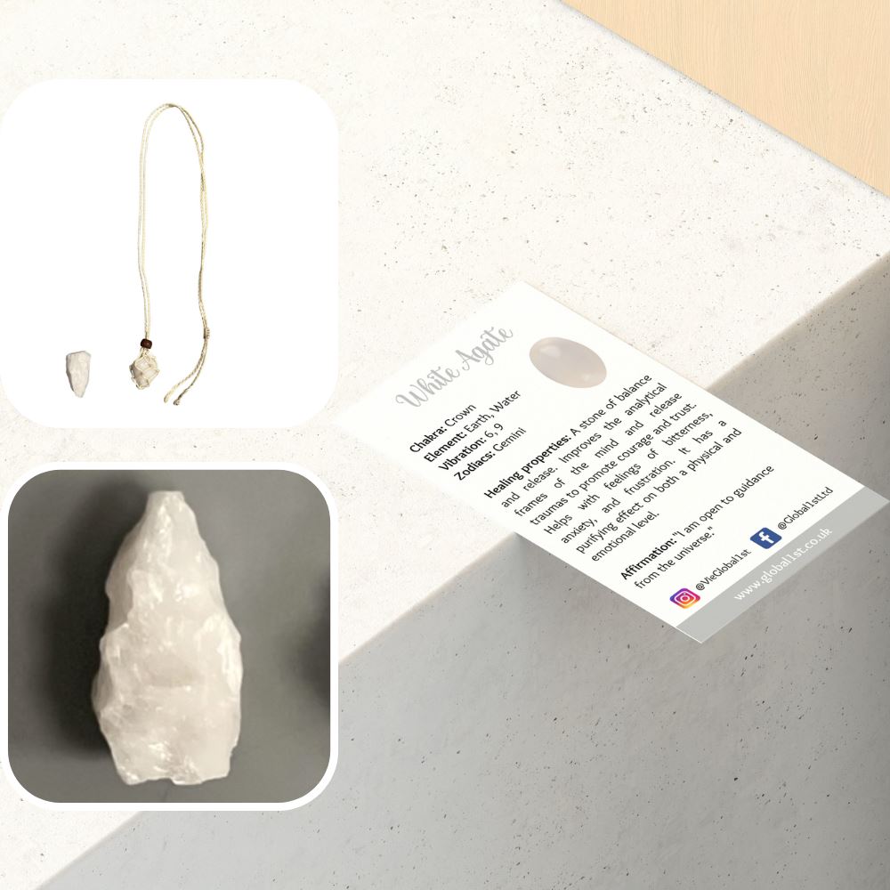 Macrame Necklace, White Agate Tumbled, with White Agate Rough Cut