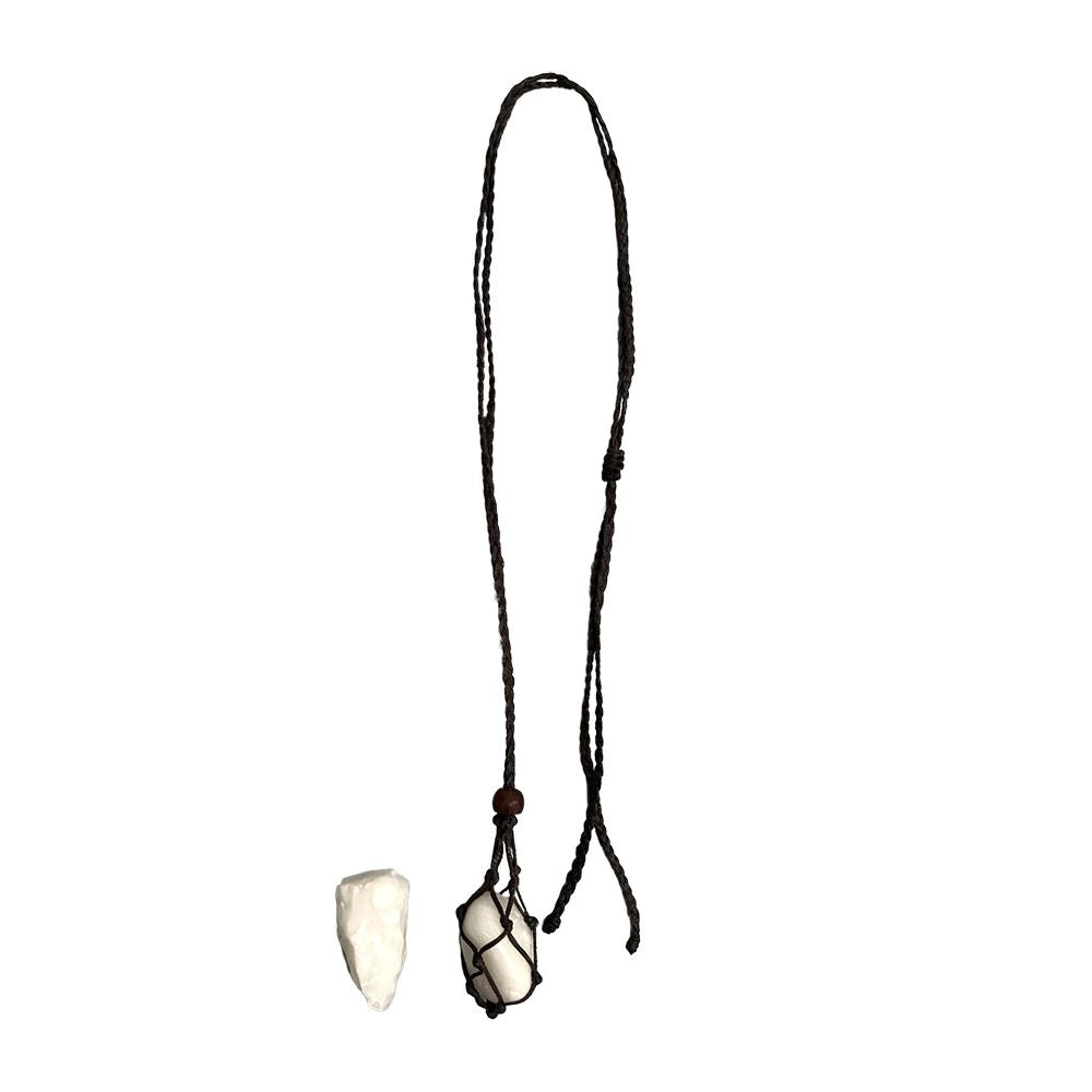 Macrame Necklace, White Agate Tumbled, with White Agate Rough Cut