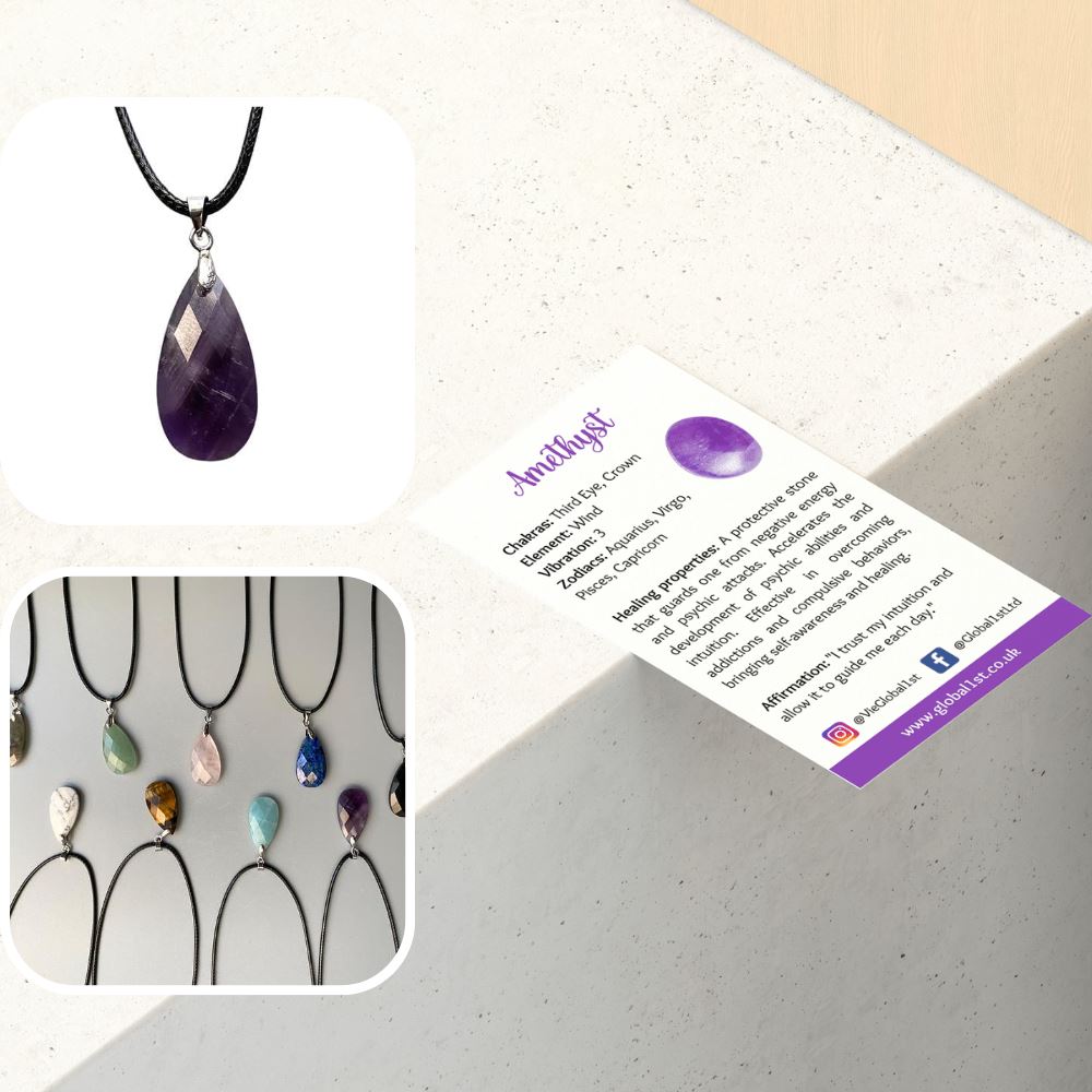 Teardrop Faceted Pendant with Black Cord, 2.5x1.5cm