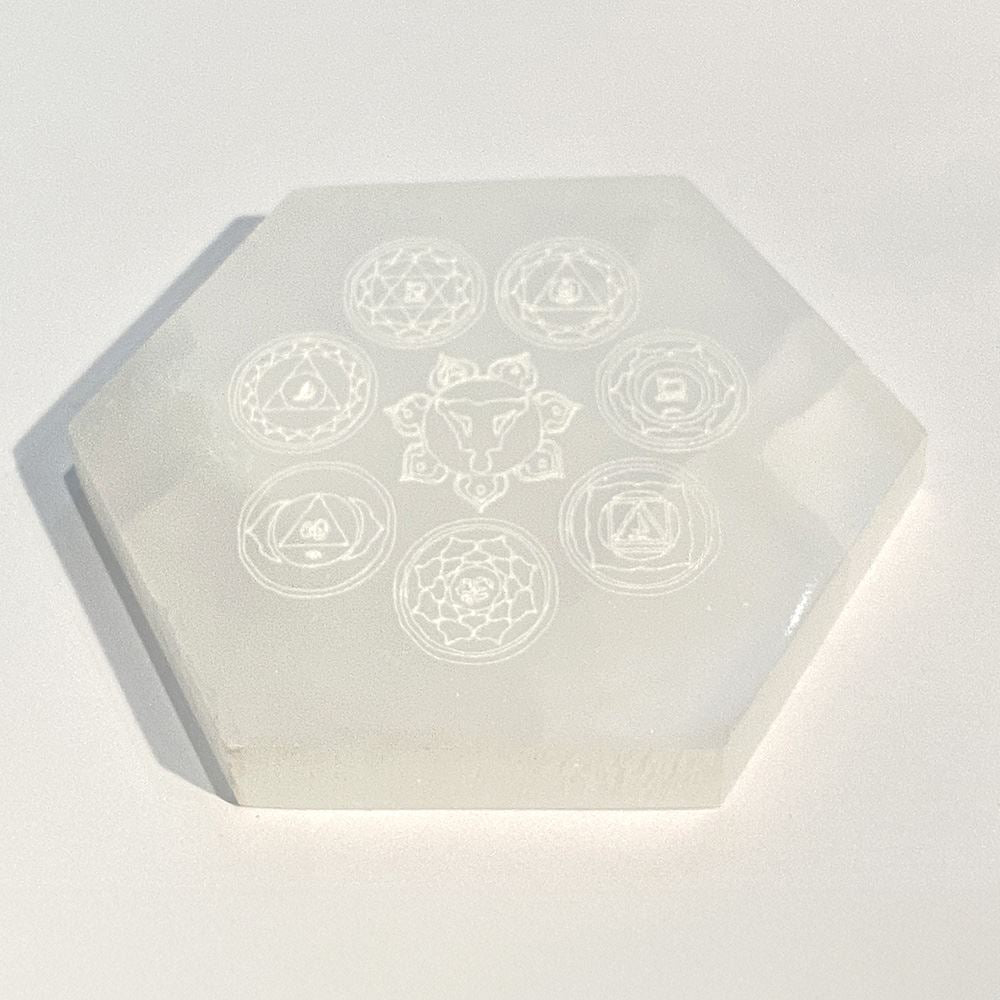 Selenite Charging Plate, Hexagonal, Etched, Design #02, 8cm