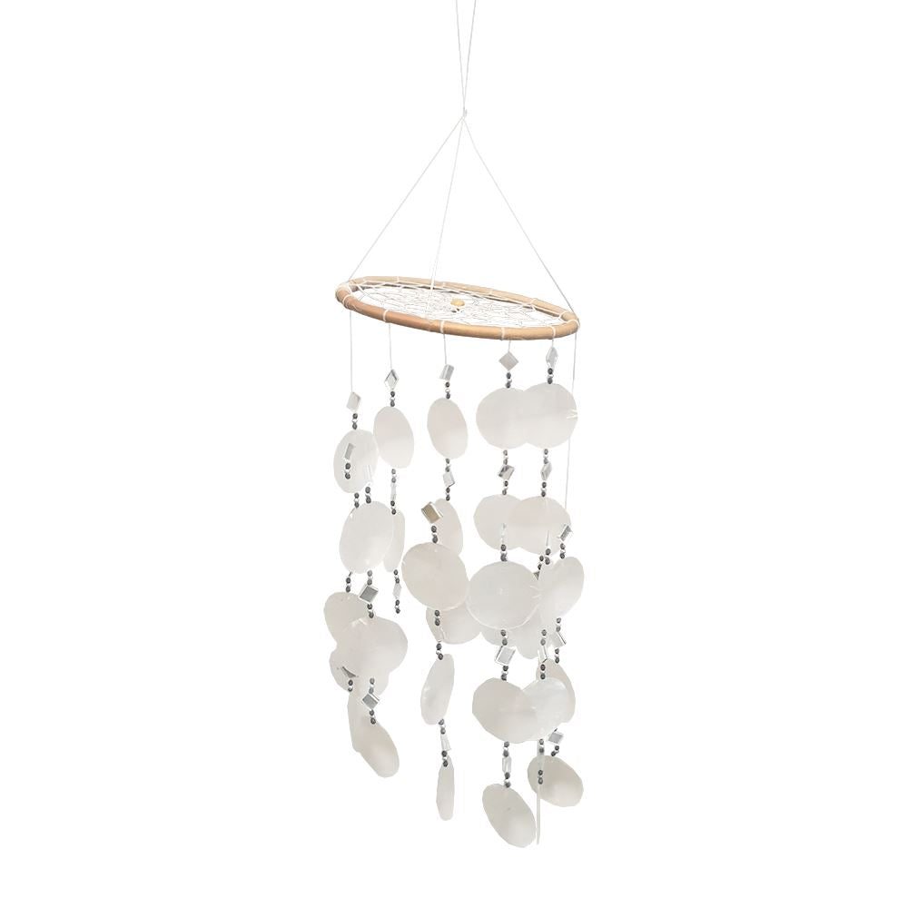 Wind Chime, 45cm Hanging Height, White Capiz Shells with Black Beads