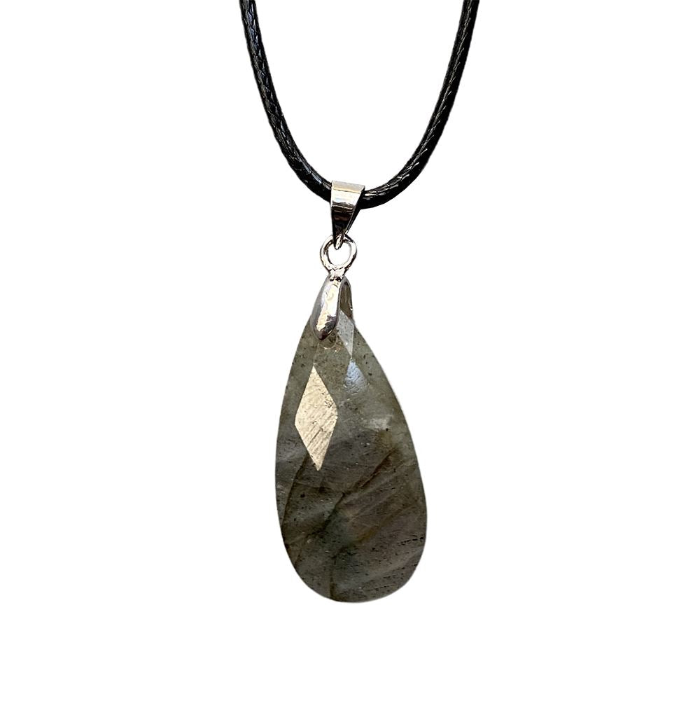 Teardrop Faceted Pendant with Black Cord, 2.5x1.5cm