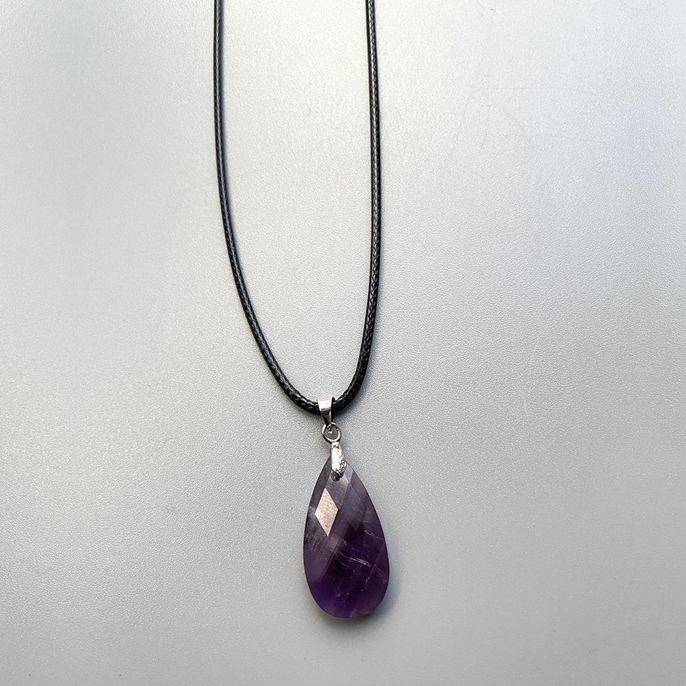 Teardrop Faceted Pendant with Black Cord, 2.5x1.5cm