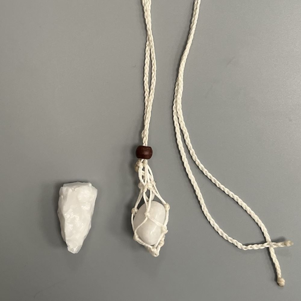 Macrame Necklace, White Agate Tumbled, with White Agate Rough Cut