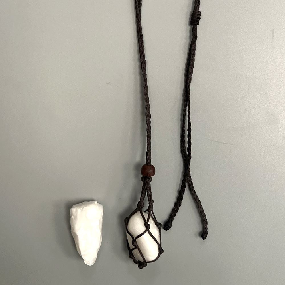Macrame Necklace, White Agate Tumbled, with White Agate Rough Cut