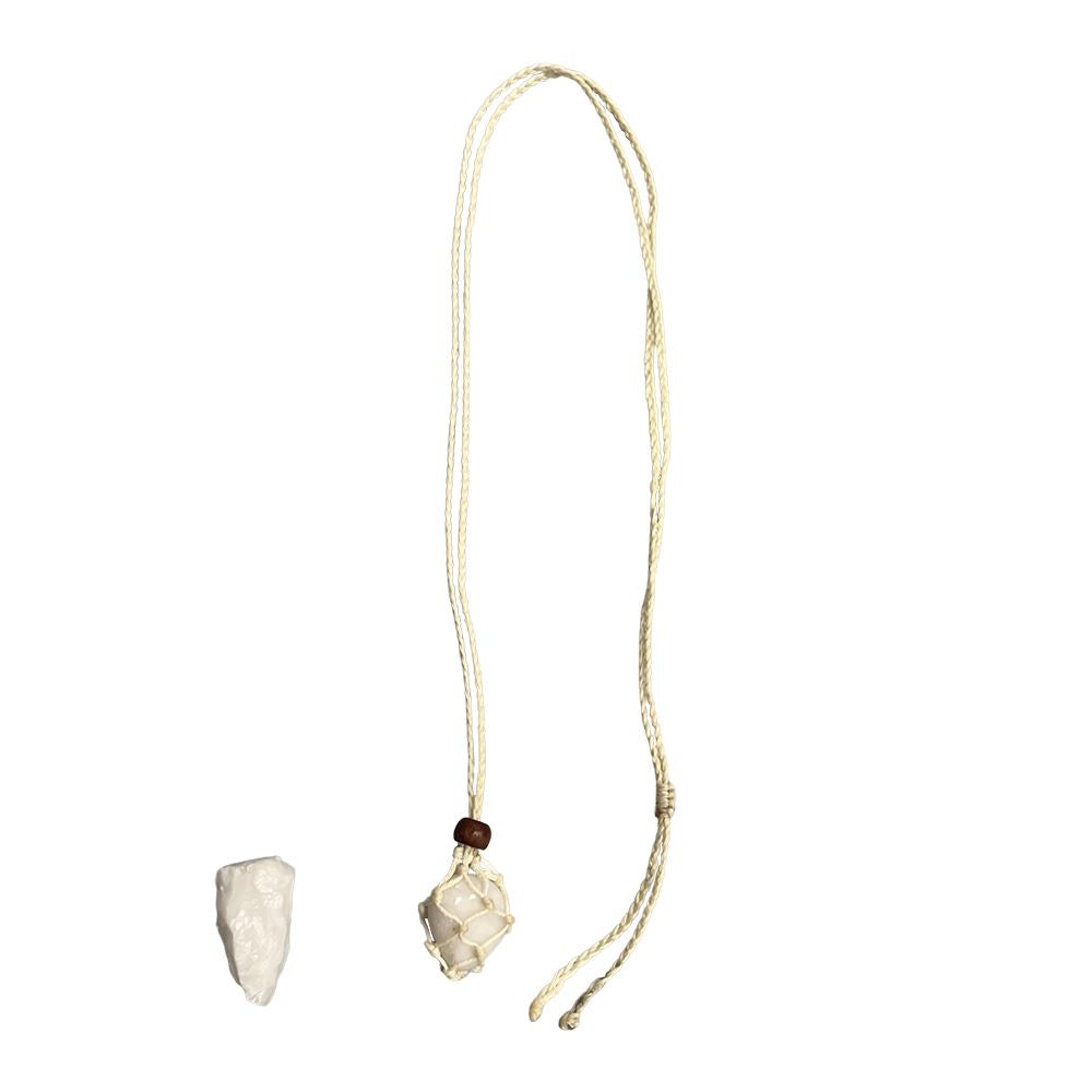 Macrame Necklace, White Agate Tumbled, with White Agate Rough Cut