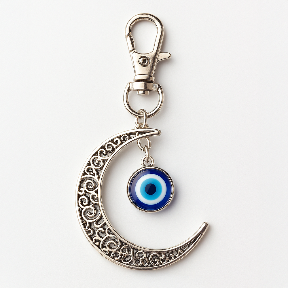 Evil Eye Silver Moon Keychain