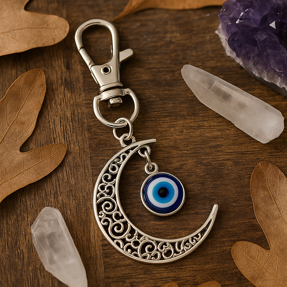 Evil Eye Silver Moon Keychain