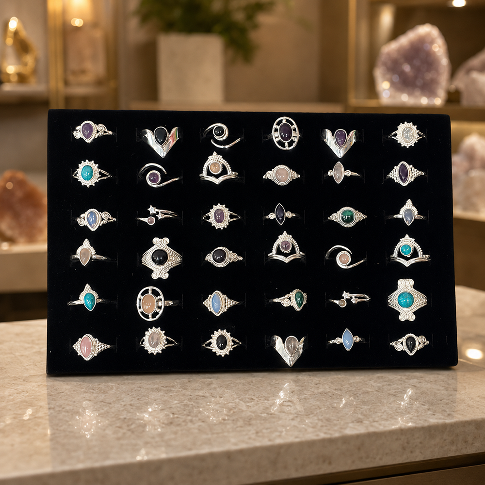 36 Adjustable Silver-Plated Rings with Gemstones, Assorted Designs, Foam Display Tray