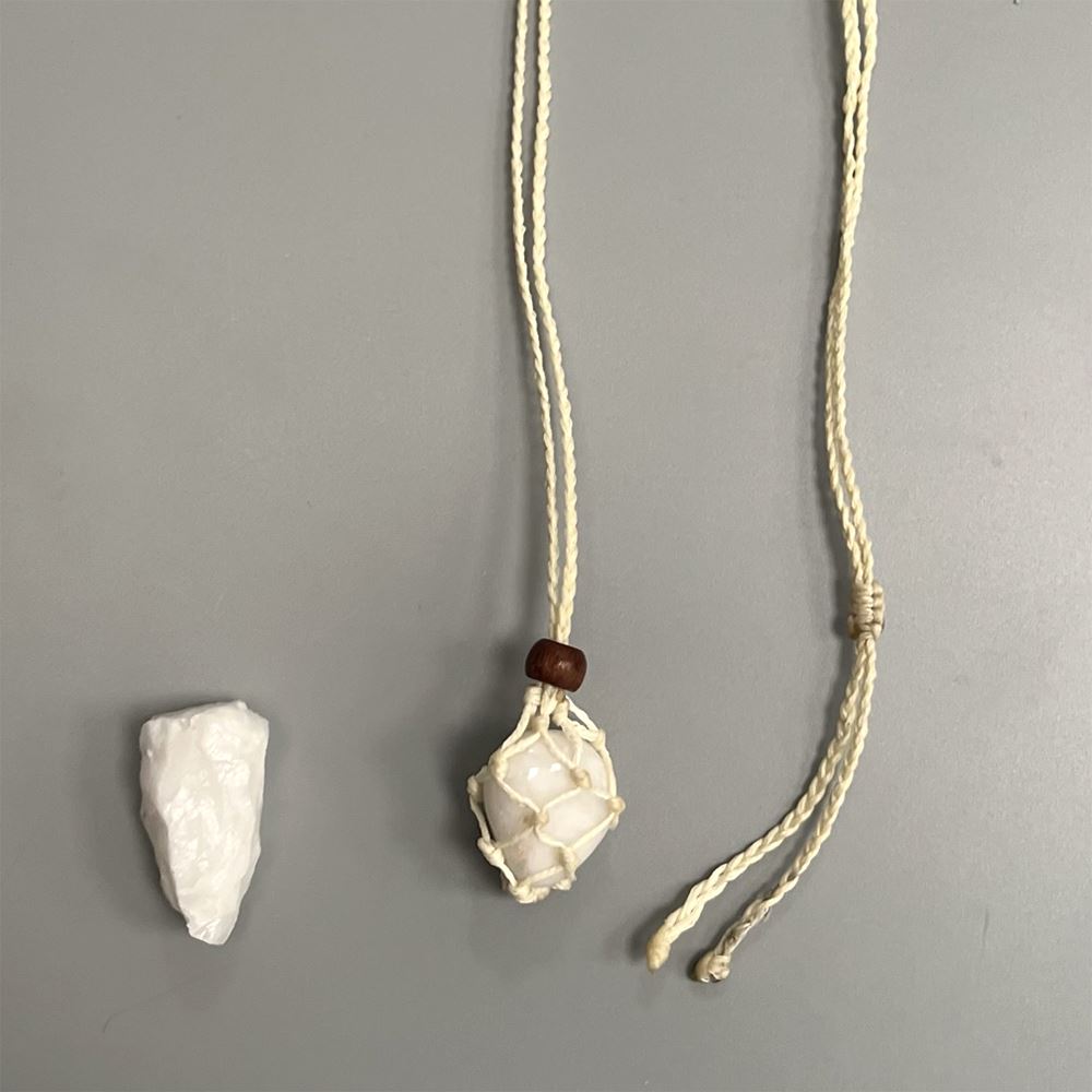 Macrame Necklace, White Agate Tumbled, with White Agate Rough Cut