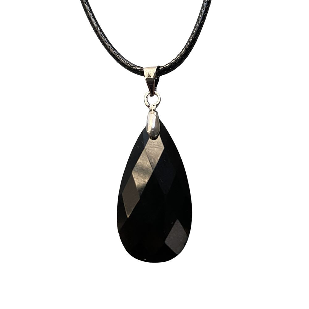 Teardrop Faceted Pendant with Black Cord, 2.5x1.5cm