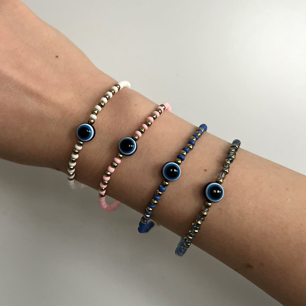 Evil Eye Bracelet with 6 Gold Beads Each Side, (JIT)