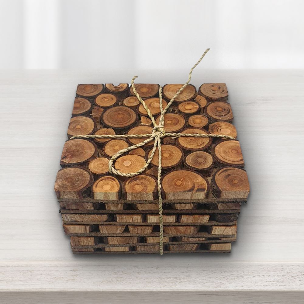 Handmade Sliced Wood Coaster Set, Set of 6, 10 cm, Square
