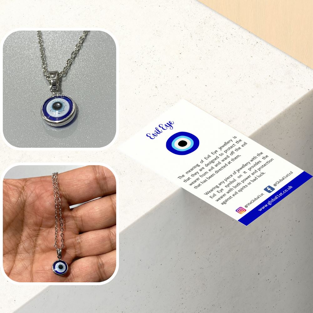 Evil Eye Pendant, Silver Chain, 1cm Diameter
