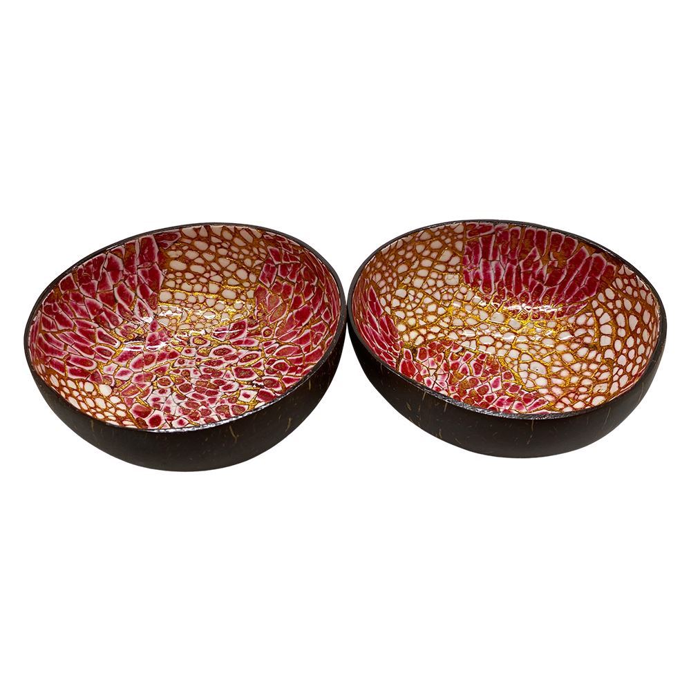 Hand-Painted Coconut Bowls, Lacquered, Set of 2