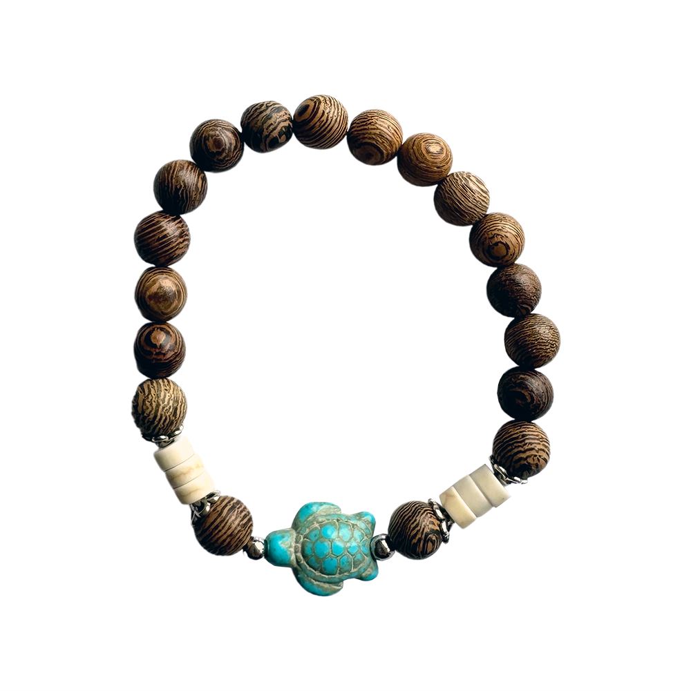 Wood Bracelet with Synthetic Turquoise, Sea Turtle