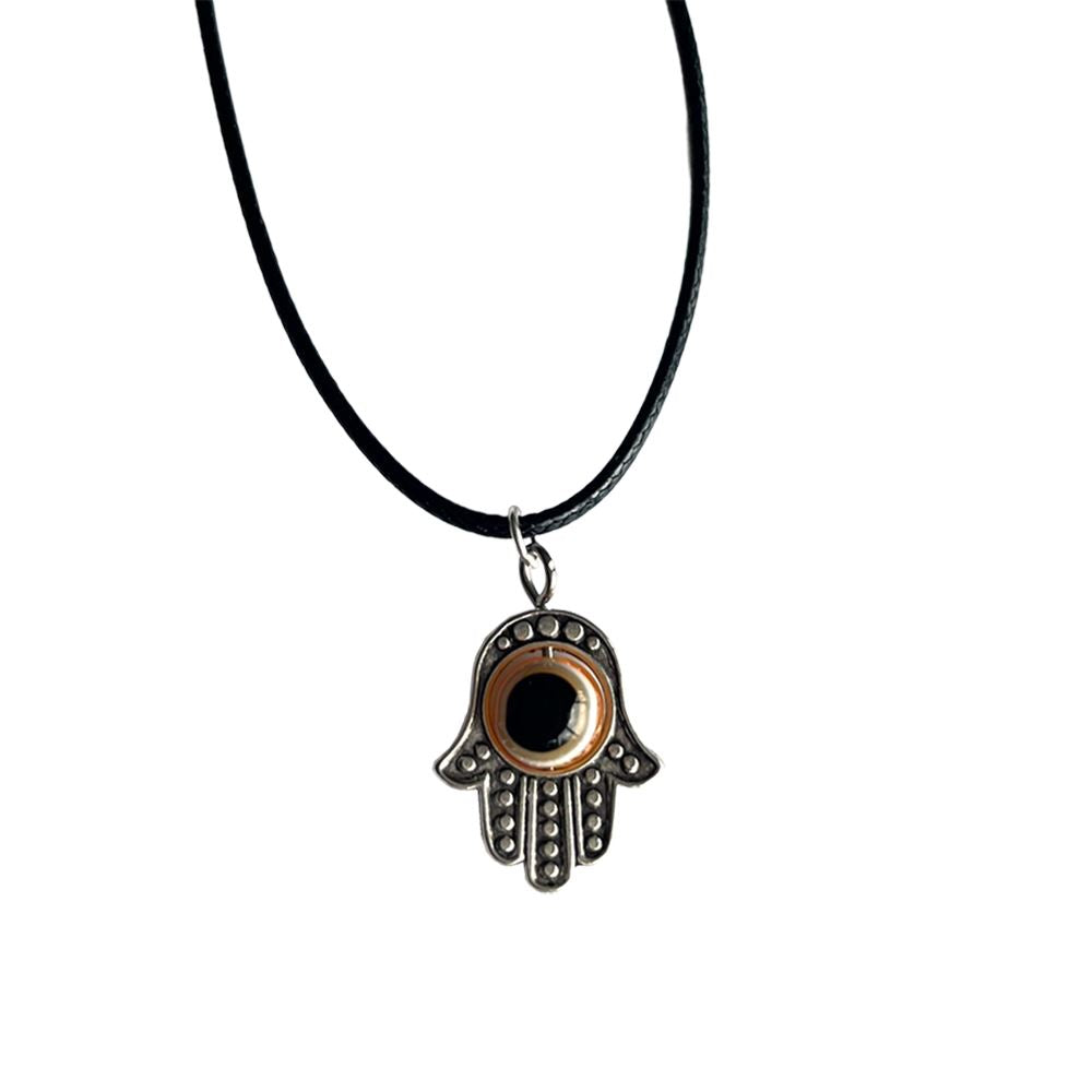 Hamsa Hand Spinning Evil Eye Pendant, Black Cord