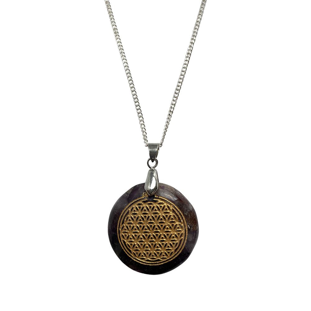 Disc Pendant & Flower of Life Design with Silver Chain
