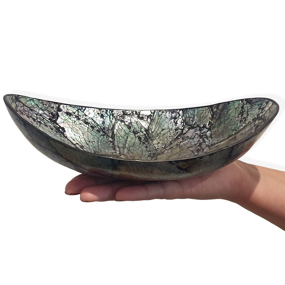Capiz Inlay Decorative Bowl, Boat Shaped, 25cm, Black/Silver