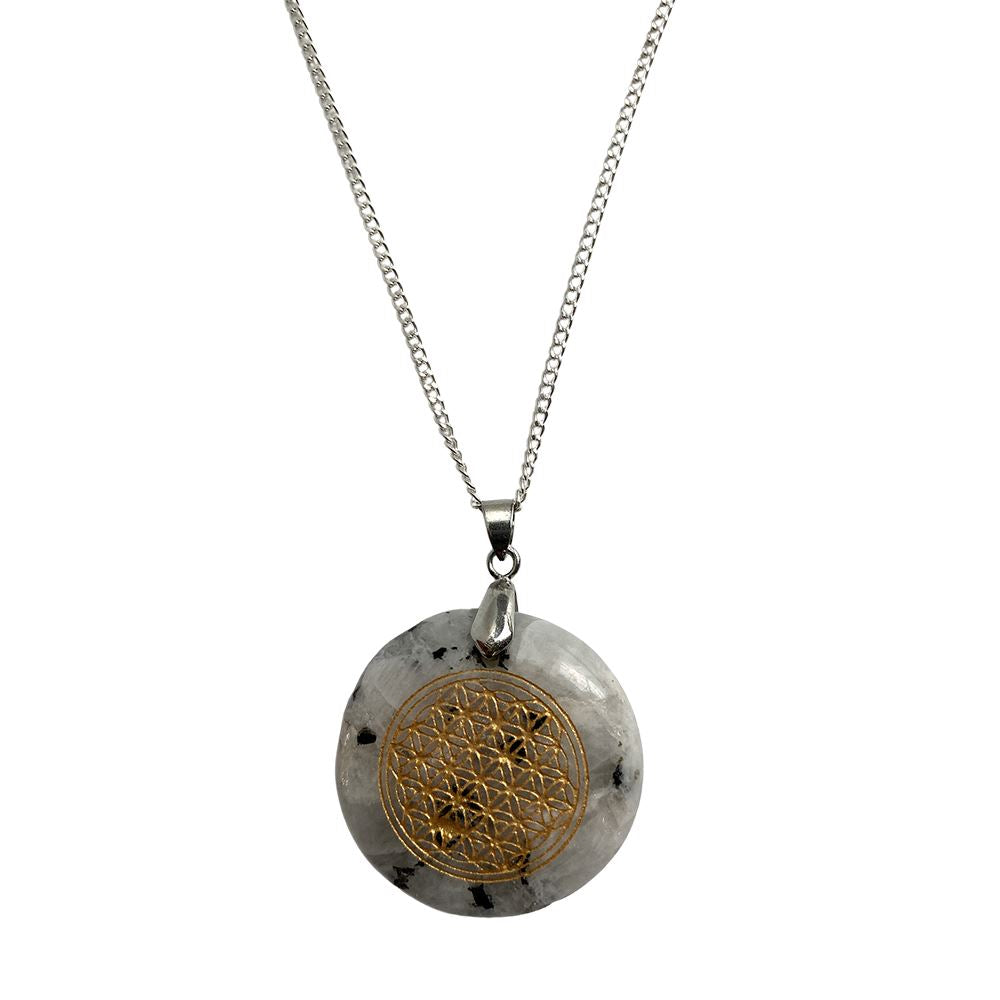 Disc Pendant & Flower of Life Design with Silver Chain