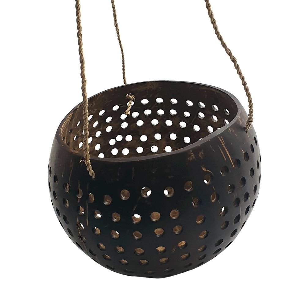Carved Coconut Shell Pot Holder with Macrame Jute Rope, 13-15cm