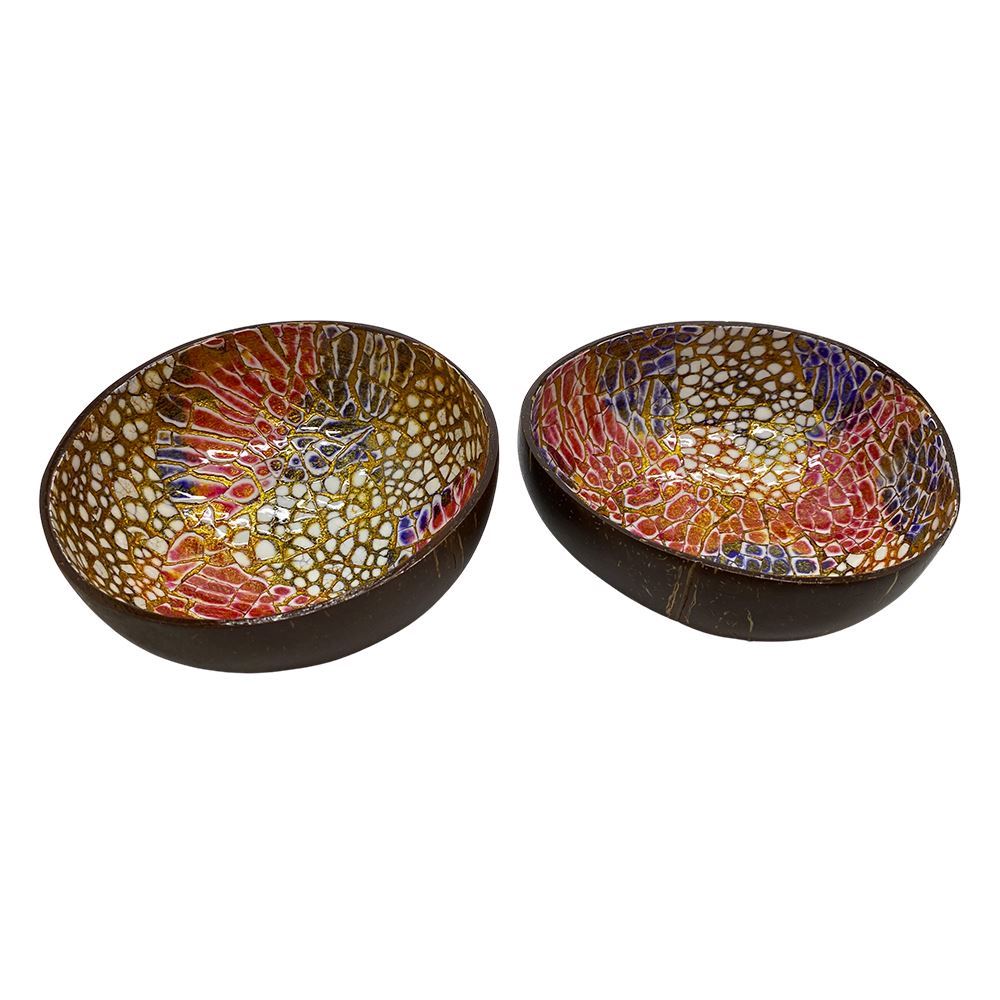 Hand-Painted Coconut Bowls, Lacquered, Set of 2