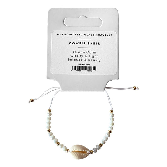 White Faceted Glass Bracelet with Cowrie Shell