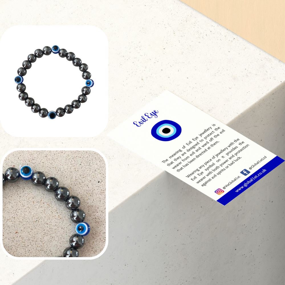 Evil Eye Beaded Stretch Bracelet, Hematite