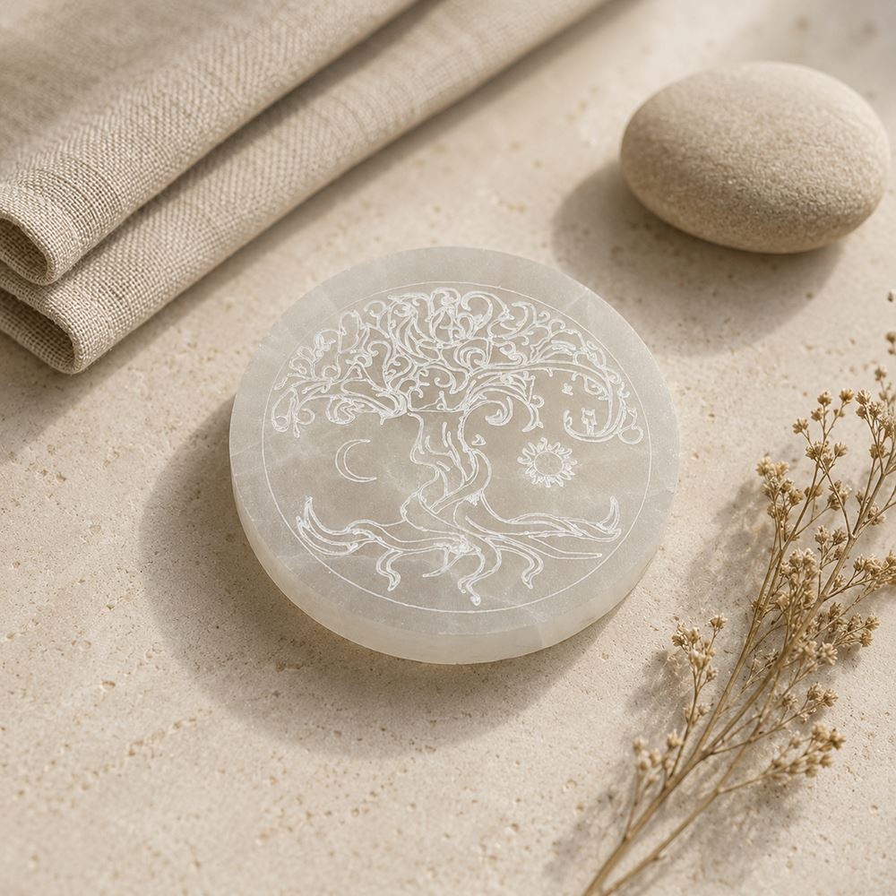 Selenite Charging Plate, Round, Tree of Life, 8cm