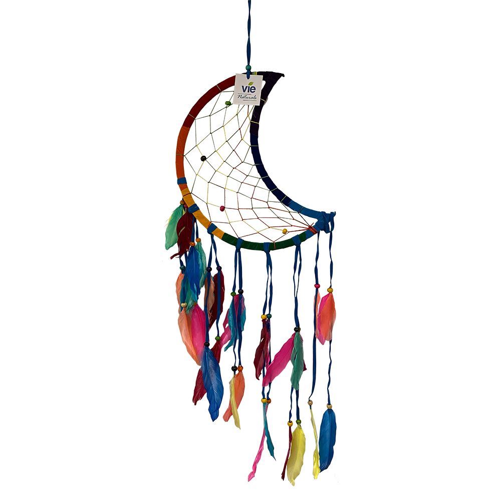 Crescent Dream Catcher, Feathers & Capiz, 27cm, Rainbow