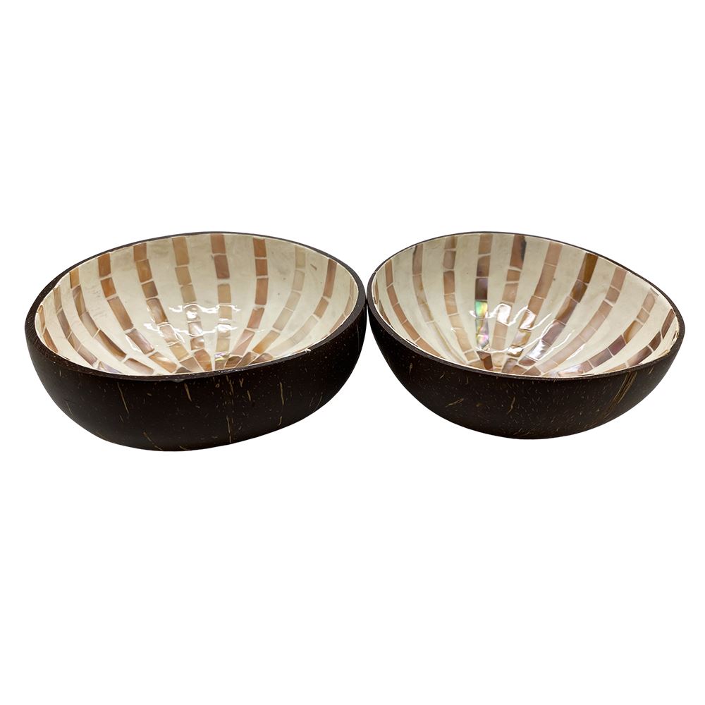 Hand-Painted Coconut Bowls, Lacquered, Set of 2