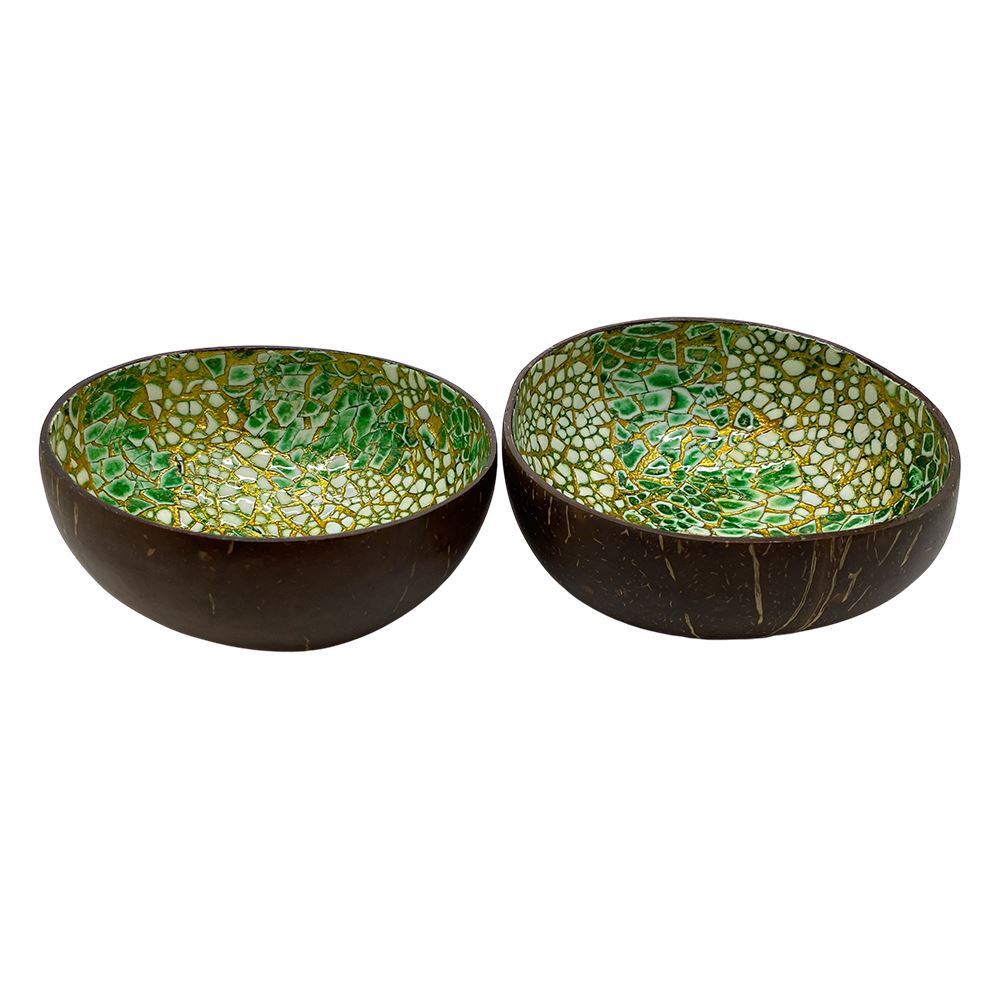 Hand-Painted Coconut Bowls, Lacquered, Set of 2