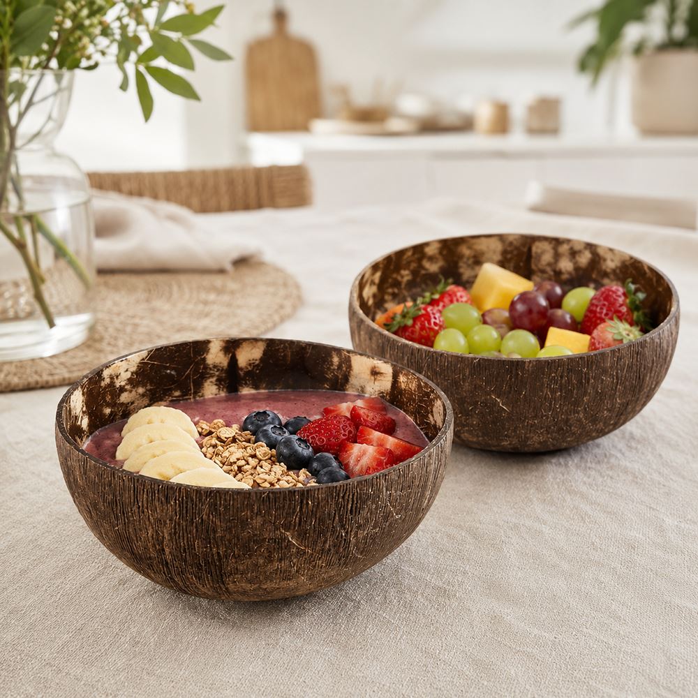 Natural Coconut Shell Bowls, Food-Safe Lacquered Interior Jumbo 14-16cm