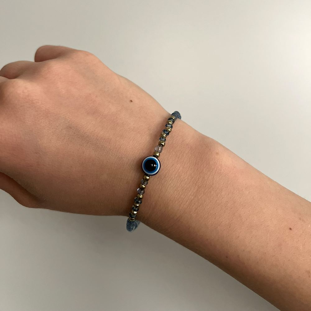 Evil Eye Bracelet with 6 Gold Beads Each Side, (JIT)