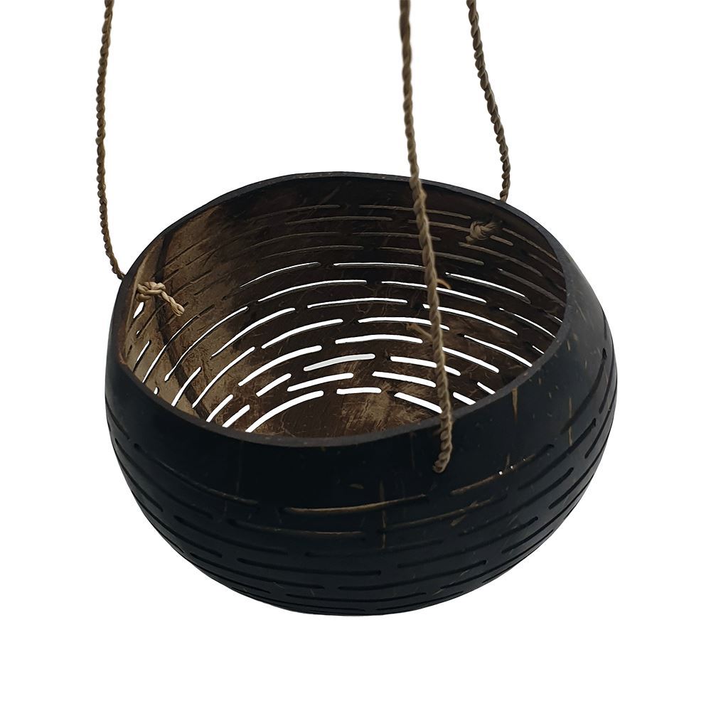 Carved Coconut Shell Pot Holder with Macrame Jute Rope, 13-15cm