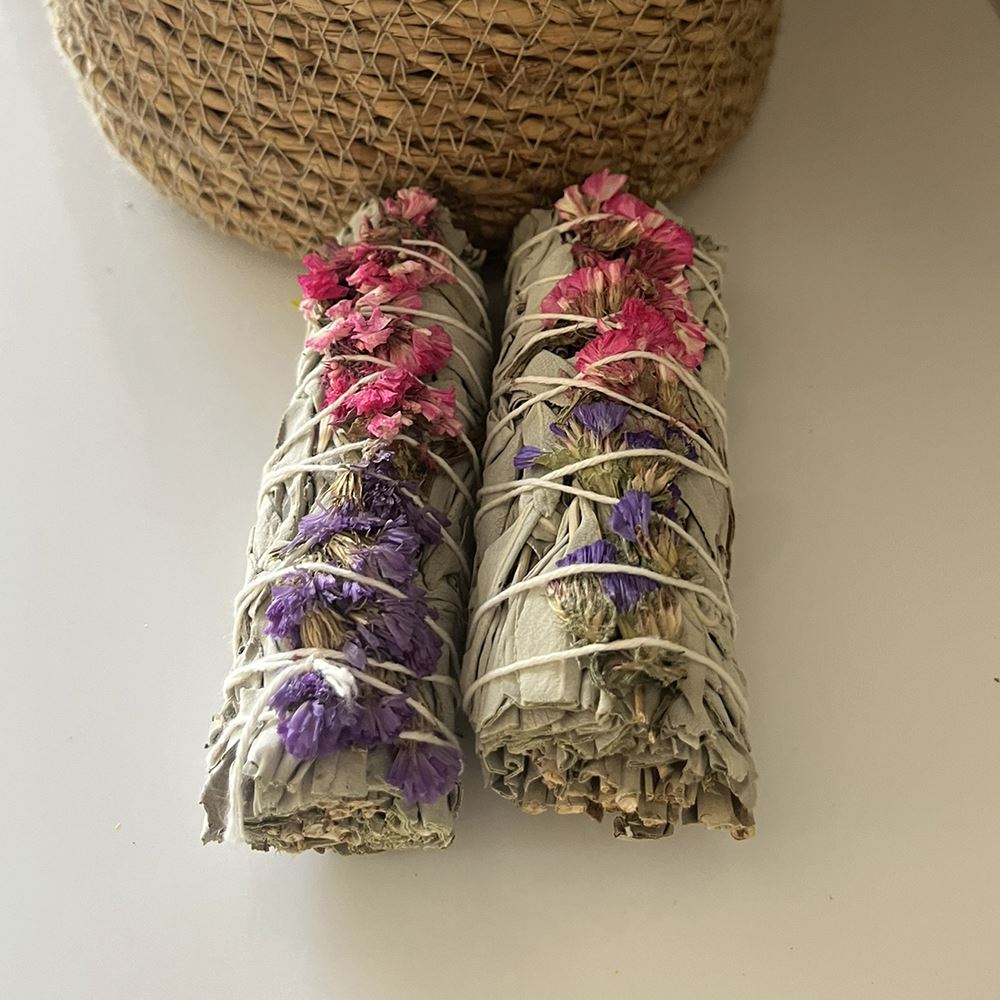 Smudge Stick, White Sage, Purple and Pink Sinuata 4", Pack of 20