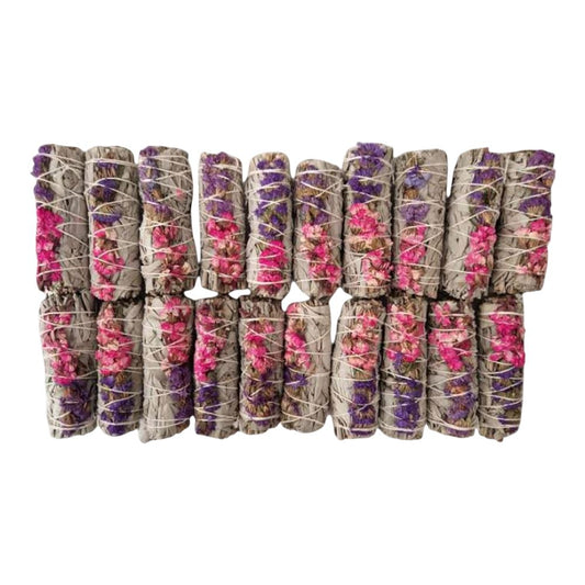 Smudge Stick, White Sage, Purple and Pink Sinuata 4", Pack of 20
