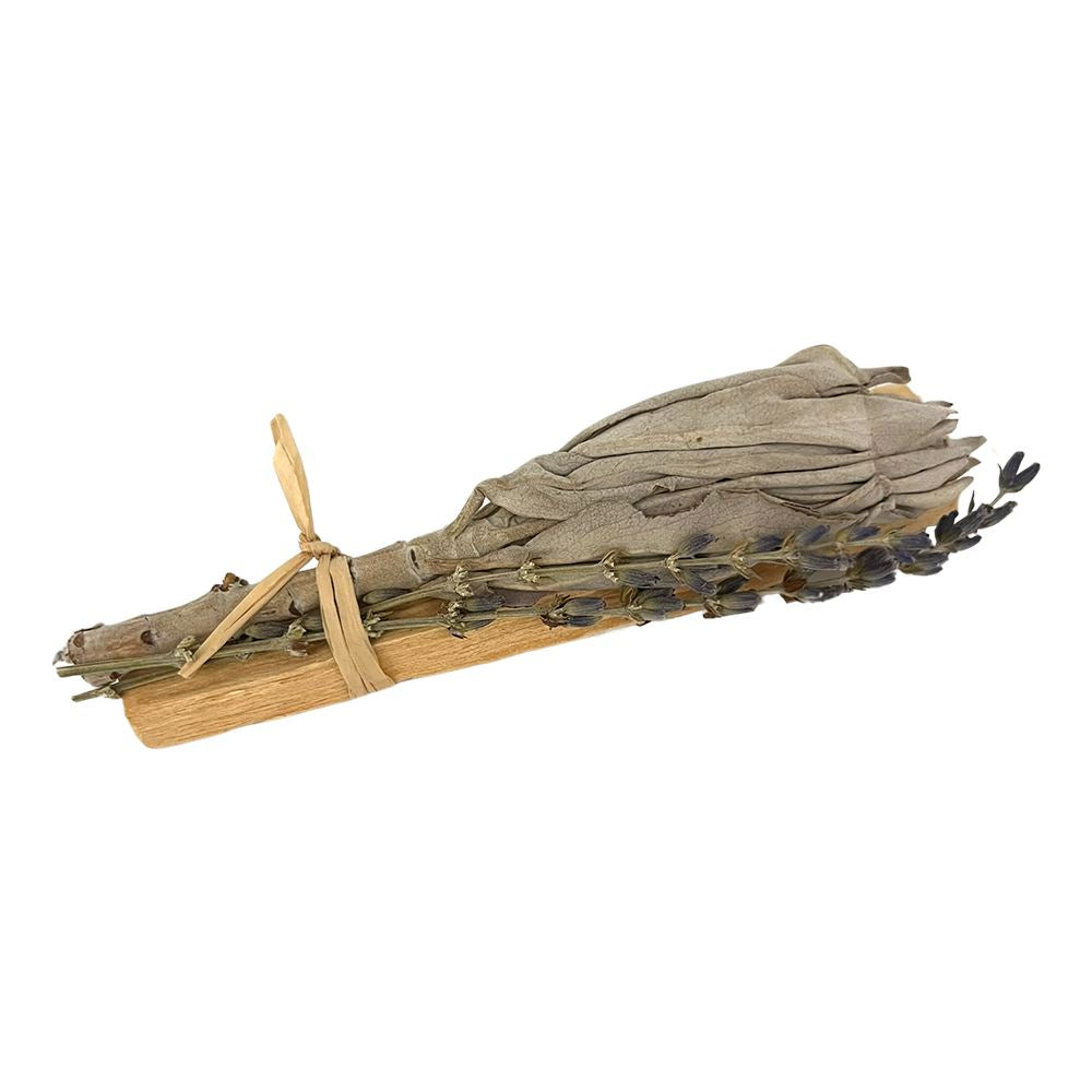 White Sage Cluster with Palo Santo Stick and Lavender 4"