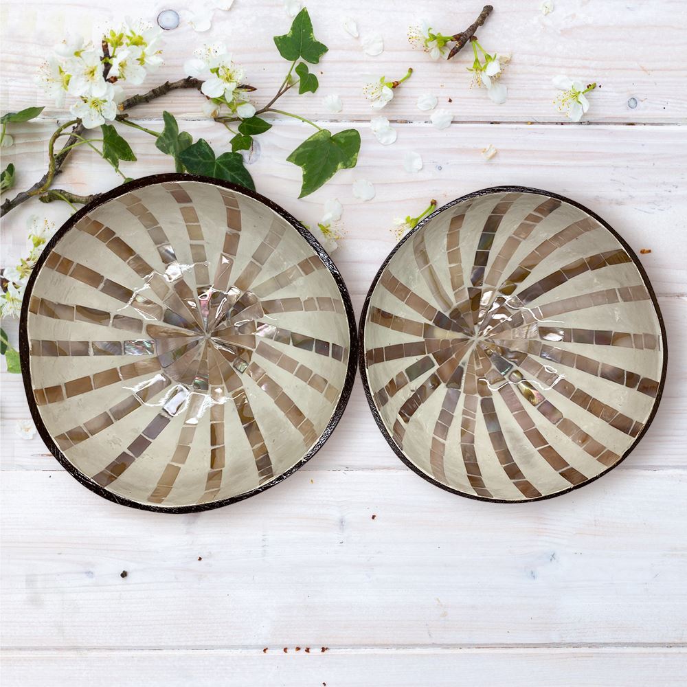 Hand-Painted Coconut Bowls, Lacquered, Set of 2